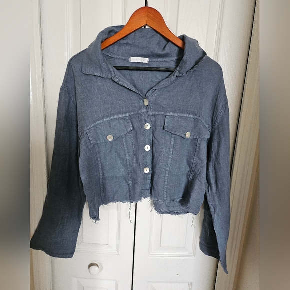 Made in Italy 100% Raw Linen Cropped Button Shirt Blue Lightweight Boho Top S/M. - Picture 2 of 10